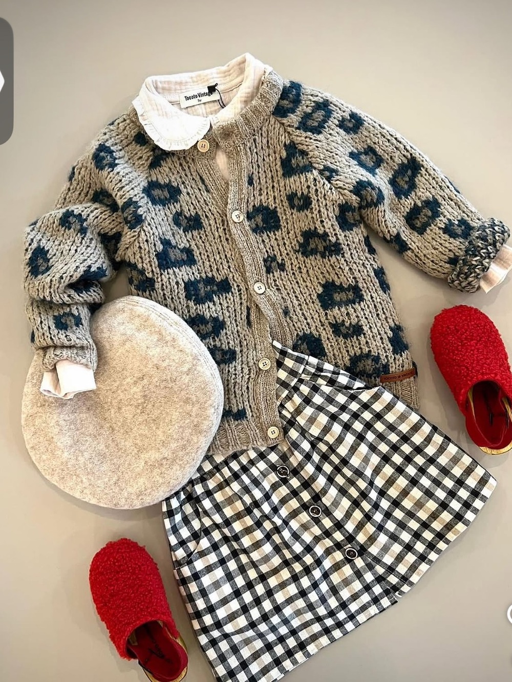 Chunky Knit Leopard Cardigan with Button Front - Beige & Green